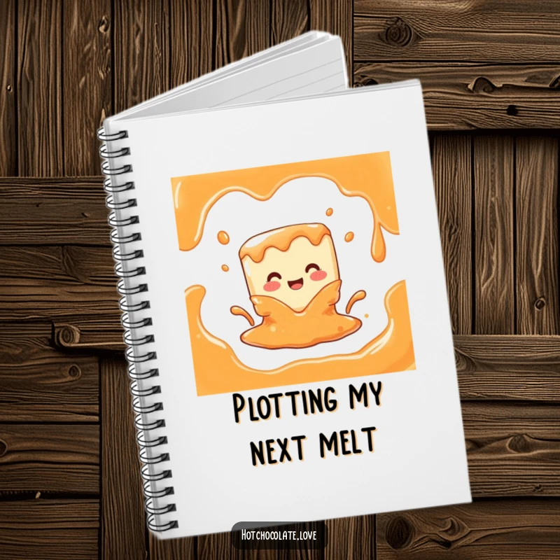 Funny notebook cover showing a cheerful caramel cube character melting into a creamy substance, great for jotting down sweet or silly thoughts.