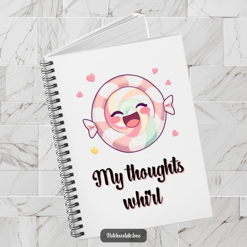 Funny Notebook with a joyful peppermint candy spinning on the cover, inspiring happy notes and sweet ideas.
