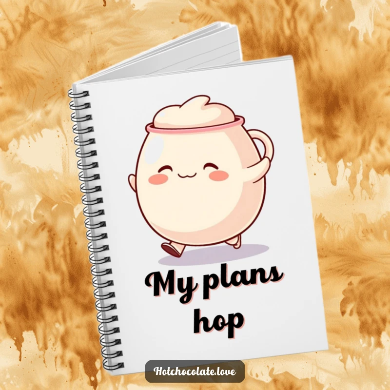 Funny skipping mug notebook, featuring a happy, skipping mug character, perfect for energetic note-taking.