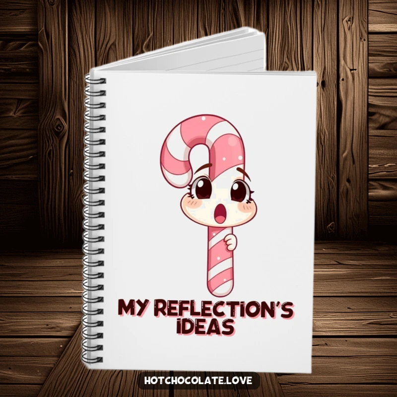 Funny candy cane character in a moment of surprise looking at its reflection, featured on a notebook cover for jotting thoughts.