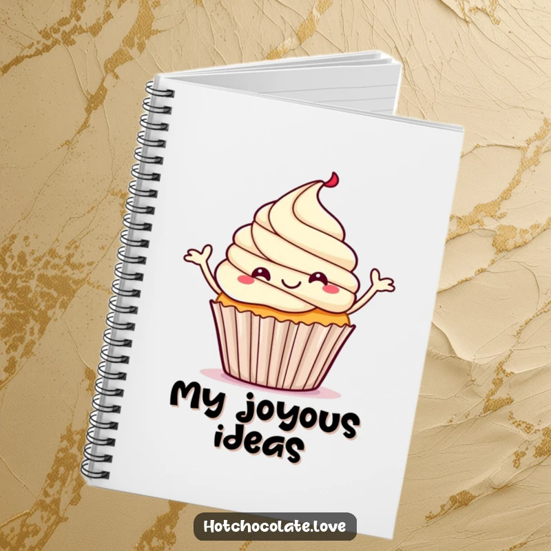 Funny notebook cover featuring a happy cupcake with steam rising, performing a joyful dance.