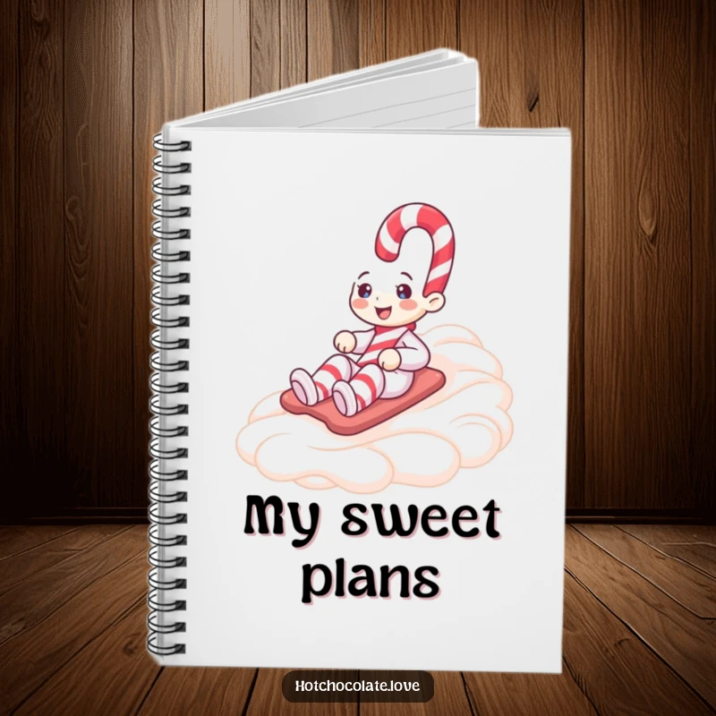 Funny notebook with a smiling candy cane character sliding down whipped cream, perfect for jotting down notes with holiday cheer.