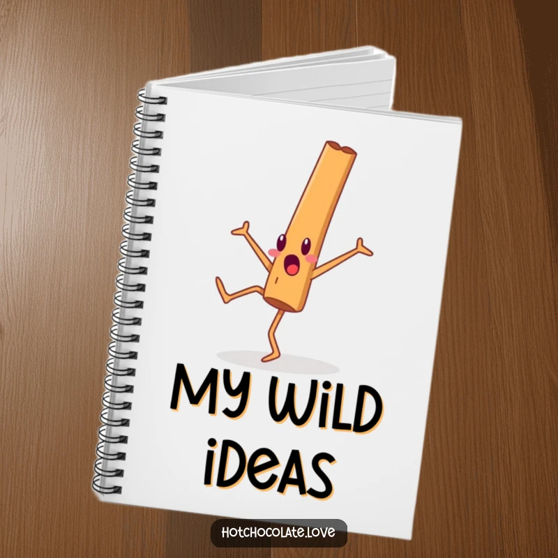 Funny cinnamon stick character doing a cartwheel on the cover of a surprising, funny notebook.