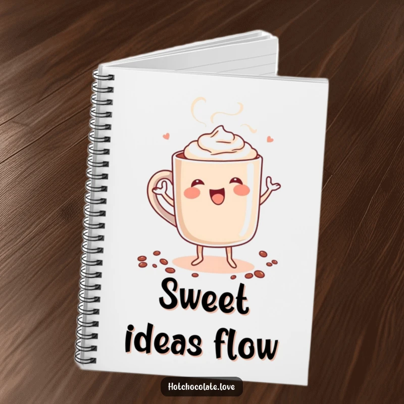 Funny notebook featuring a steaming mug of hot chocolate personified, doing a happy dance, perfect for jotting down notes with a dose of cheer.
