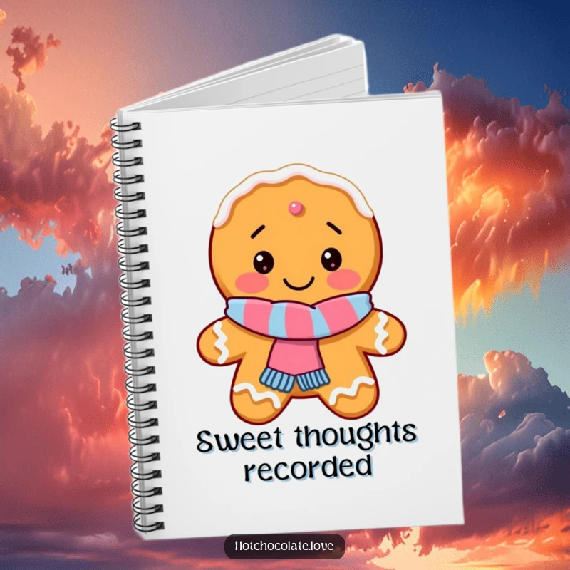Funny Gingerbread Cookie Notebook with a delighted cookie wearing a scarf, perfect for jotting down holiday ideas.