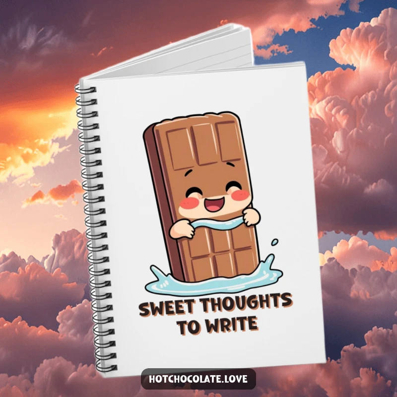 Funny Chocolate Notebook featuring a giggling chocolate bar person taking a dip, ready to capture ideas.