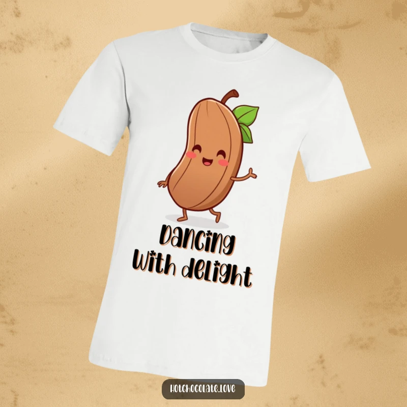 Funny t-shirt showcasing a delighted cocoa bean with a tiny smile, happily performing a little jig.
