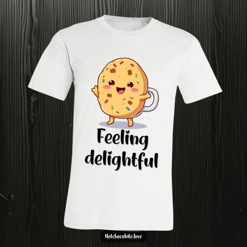 Funny Cookie T-Shirt showing a cheerful, anthropomorphic cookie with sprinkles performing a happy jig, radiating sweetness.