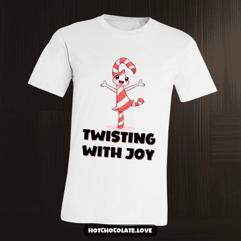 Funny Candy Cane T-Shirt showing a delighted candy cane performing a silly pirouette with vibrant festive stripes.