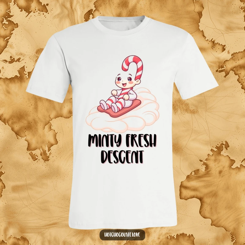 Funny t-shirt depicting a cheerful candy cane character sliding gleefully down a mountain of whipped cream, a festive and humorous scene.
