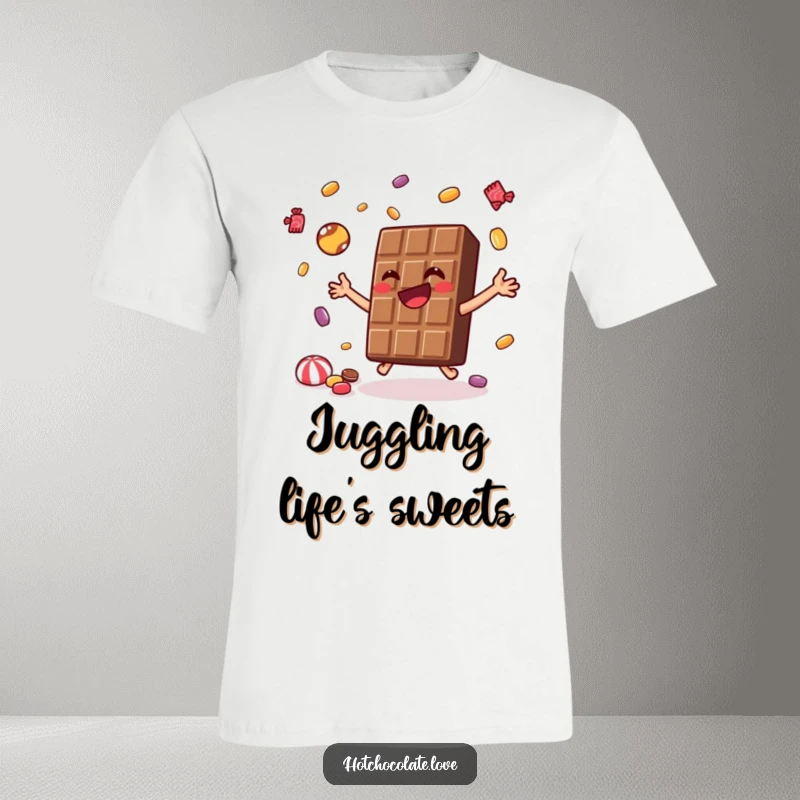Funny T-Shirt featuring a joyful chocolate bar skillfully juggling tiny candies, embodying fun and a love for sweets.