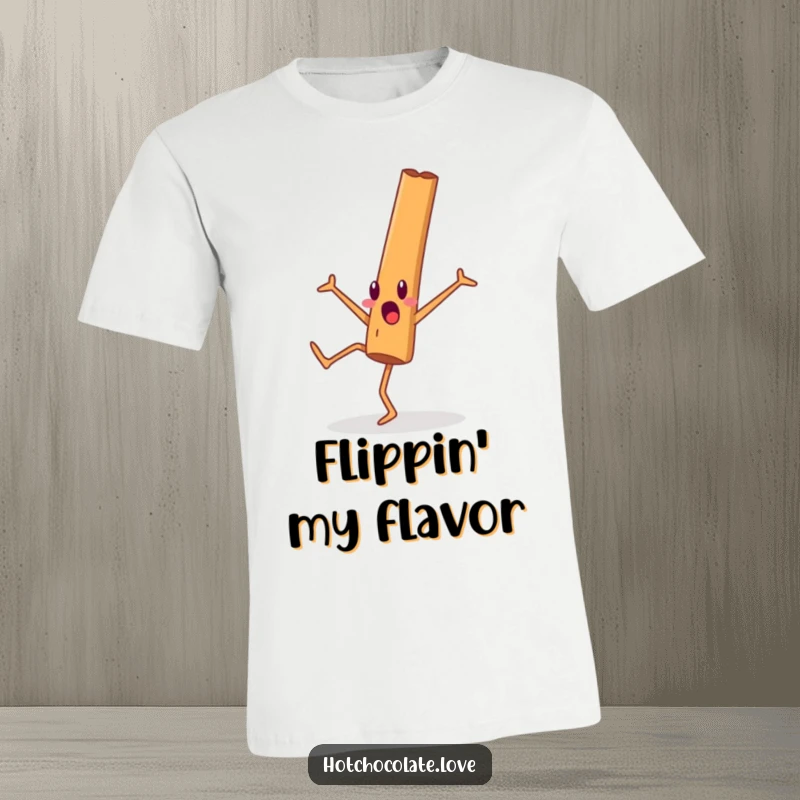 Funny cinnamon stick person performing a surprising cartwheel with a look of shock on a t-shirt.