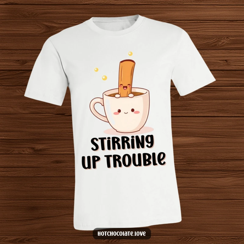 Funny T-Shirt showcasing a delighted cinnamon stick in a playful twirl inside a mug, capturing the essence of a perfectly spiced drink.