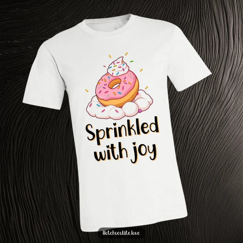 Funny t-shirt with a playful donut character with sprinkles frolicking happily in whipped cream.