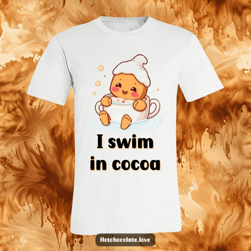 Funny t-shirt depicting a joyful gingerbread person swimming with delight in a mug of hot chocolate, ready for sweet fun.