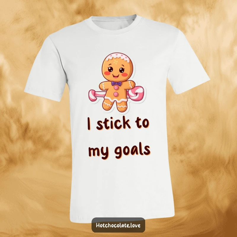 Funny gingerbread man gleefully riding a peppermint stick, printed on a t-shirt, perfect for holiday fun.
