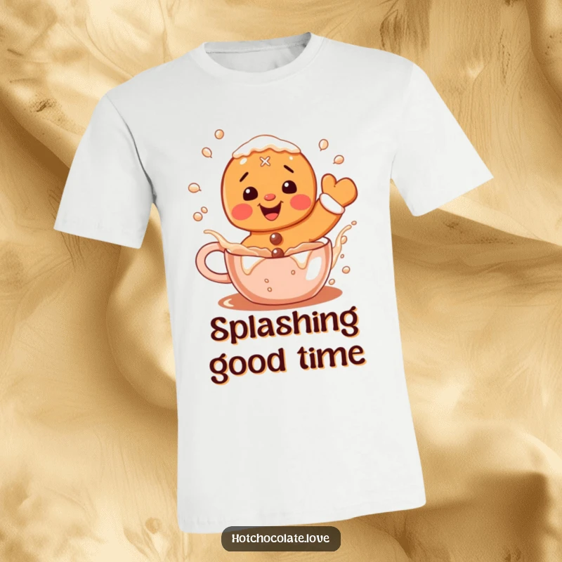 Funny Gingerbread T-Shirt: A delighted gingerbread man character joyfully splashing in hot cocoa, representing festive fun.