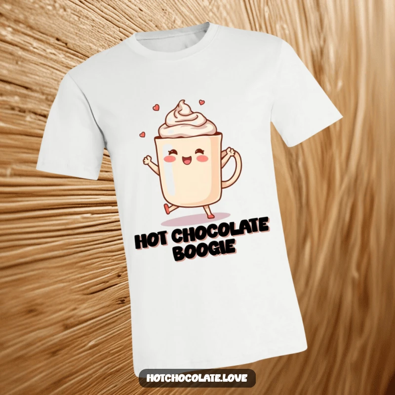 Funny Hot Chocolate T-Shirt: A mug of hot chocolate with steam swirls dances happily.