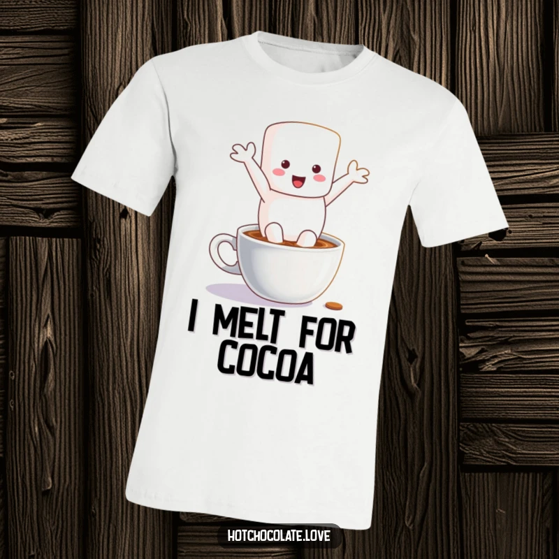 Funny t-shirt showcasing a jubilant marshmallow person mid-air, leaping enthusiastically into a cup of hot chocolate, ready for fun.