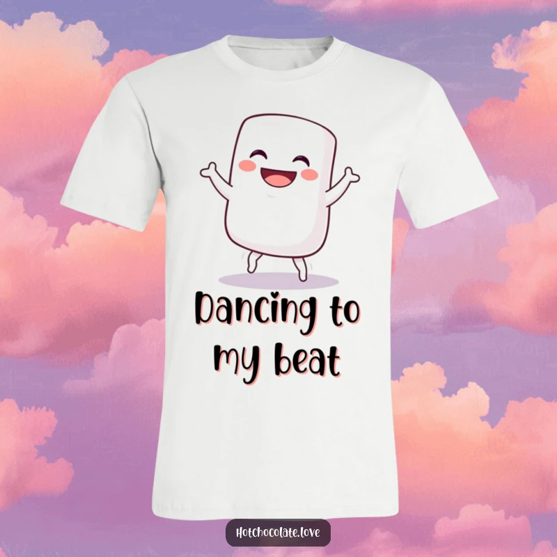 Funny t-shirt graphic of a grinning marshmallow performing a silly dance, full of energy and humor, great funny gift.