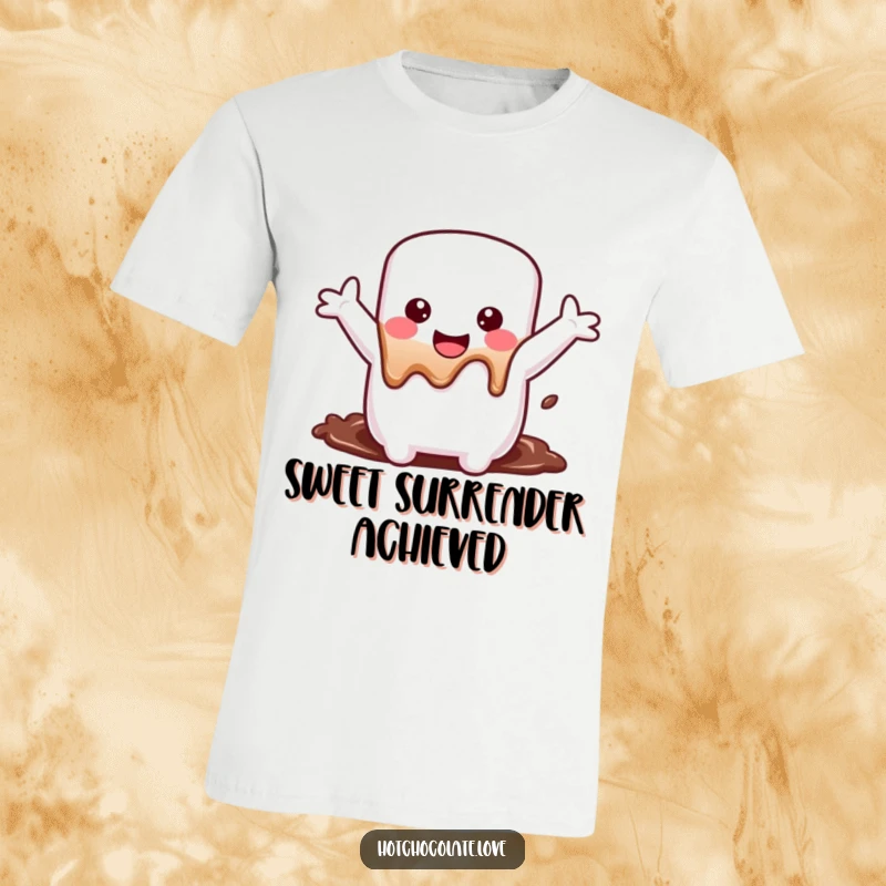 Funny T-Shirt displaying a cheerfully ecstatic marshmallow, arms open wide, sinking into warm chocolate, a symbol of ultimate dessert happiness.