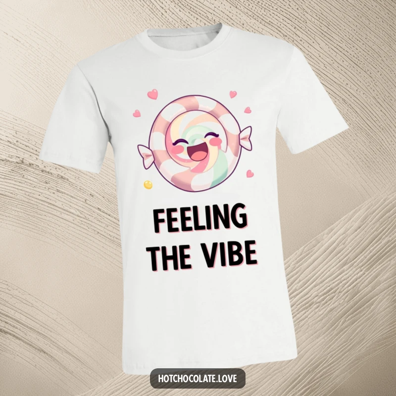 Funny T-Shirt depicting a content peppermint candy spinning in circles, embodying pure happiness and festive spirit.