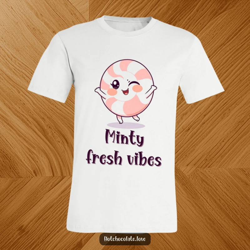 Funny t-shirt with a winking peppermint character in a cheerful spin, showcasing a cool and playful demeanor.