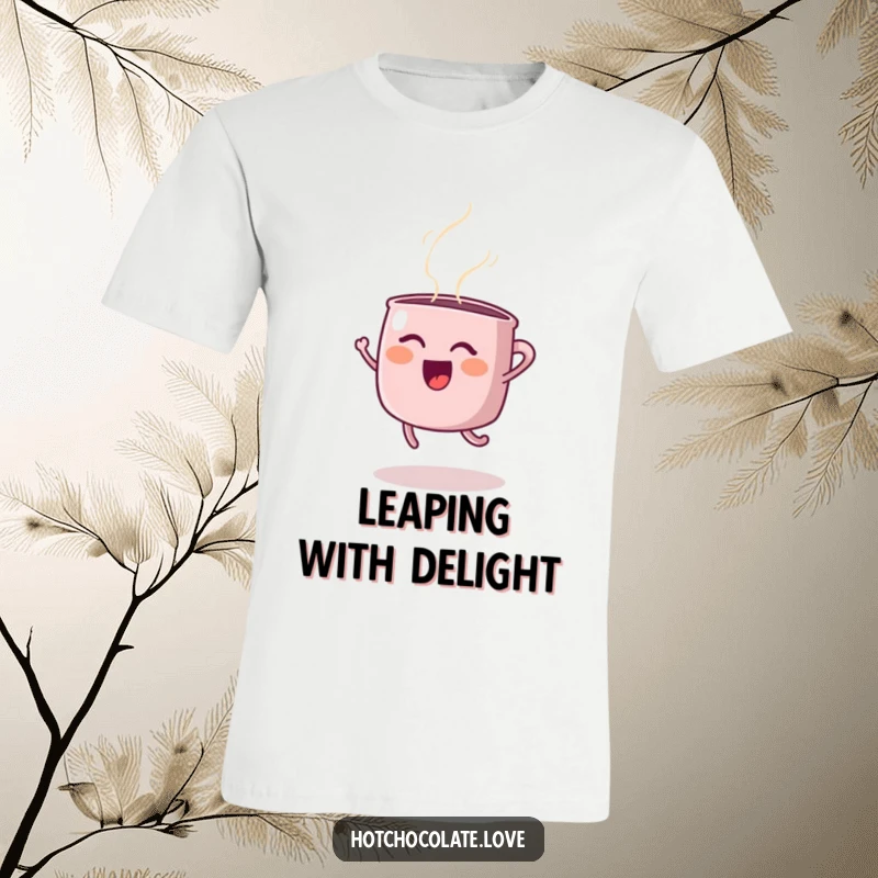 Funny t-shirt print of a happy steaming mug in a joyful mid-air jump, radiating positivity and humor, great funny gift.