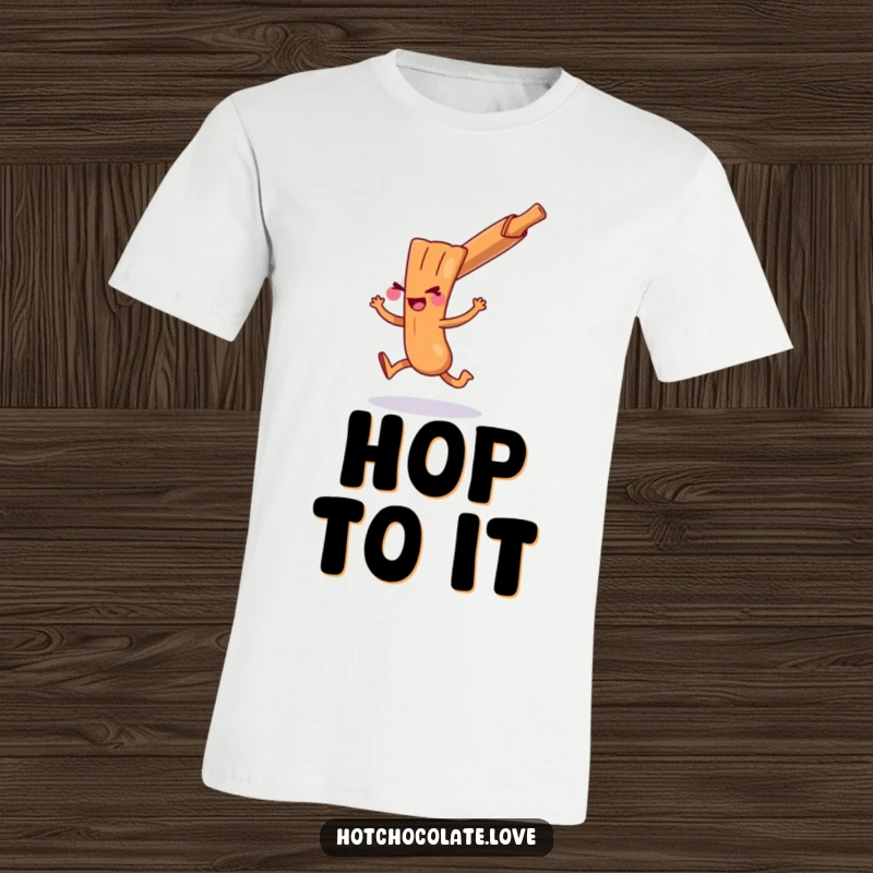 A playful cinnamon stick character captured mid-hop on a t-shirt, radiating mischievous energy and spice.