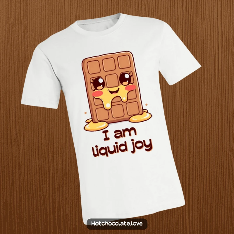 Funny melting chocolate bar t-shirt, cheerful character looking blissfully happy while melting, spreading sweet vibes.