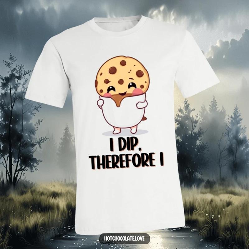 Funny Cookie T-Shirt: A cheerful chocolate chip cookie character joyfully dipping into hot chocolate, representing sweet indulgence.