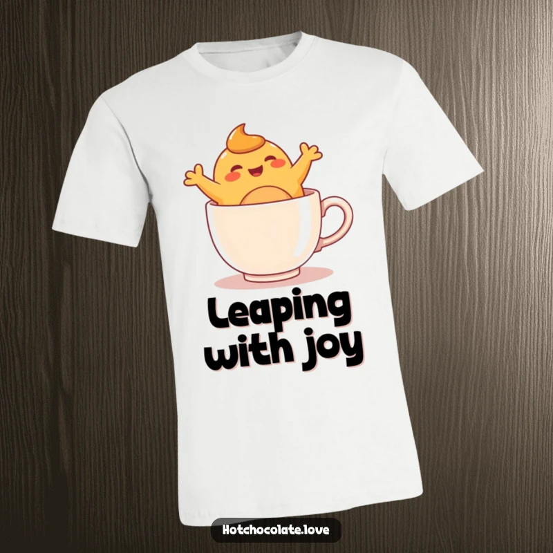 Funny caramel blob character enthusiastically leaping inside a cozy mug, printed on a soft and humorous t-shirt.