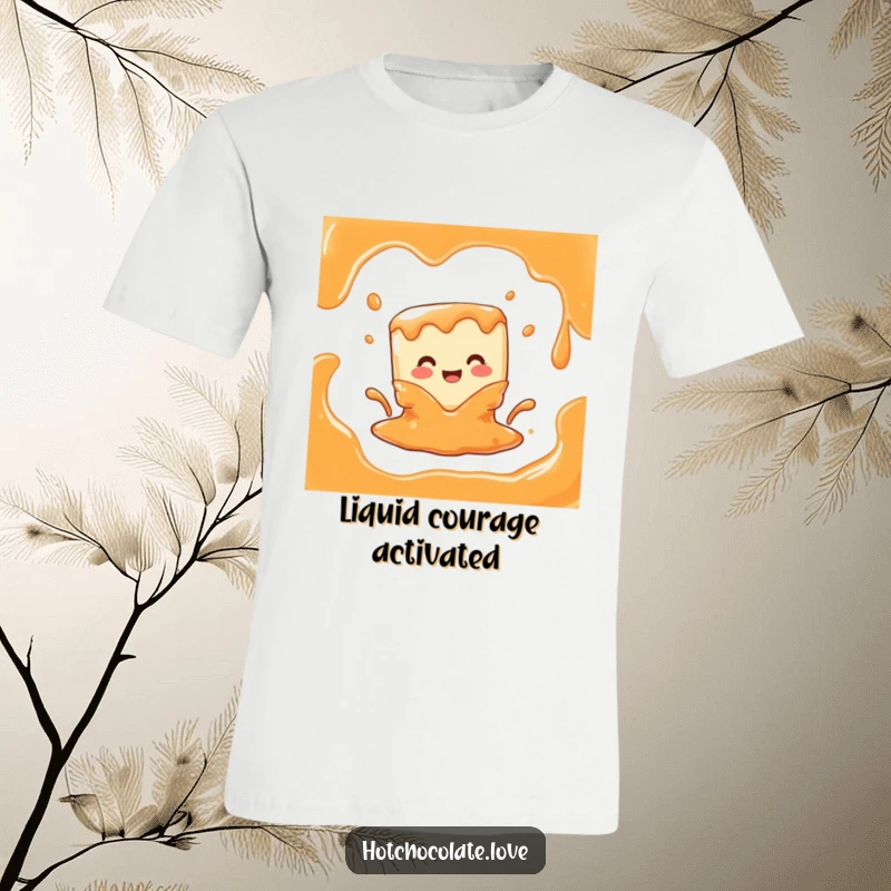Funny t-shirt with a joyful caramel cube character in the process of melting into a decadent liquid, exuding pure sweet joy.