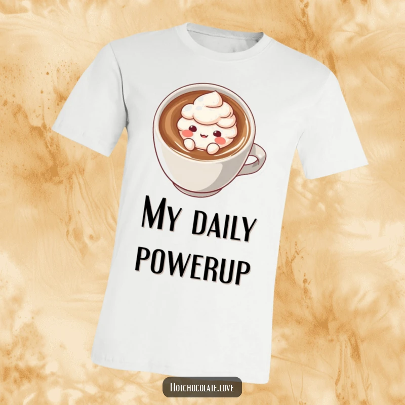 Funny t-shirt showcasing a whimsical cocoa powder puff character happily floating in a warm mug, perfect for casual wear and gifting.
