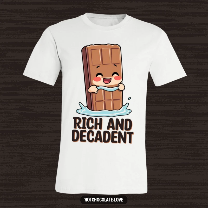 Funny Chocolate T-Shirt depicting a giggling chocolate bar person taking a dip, radiating pure happiness.
