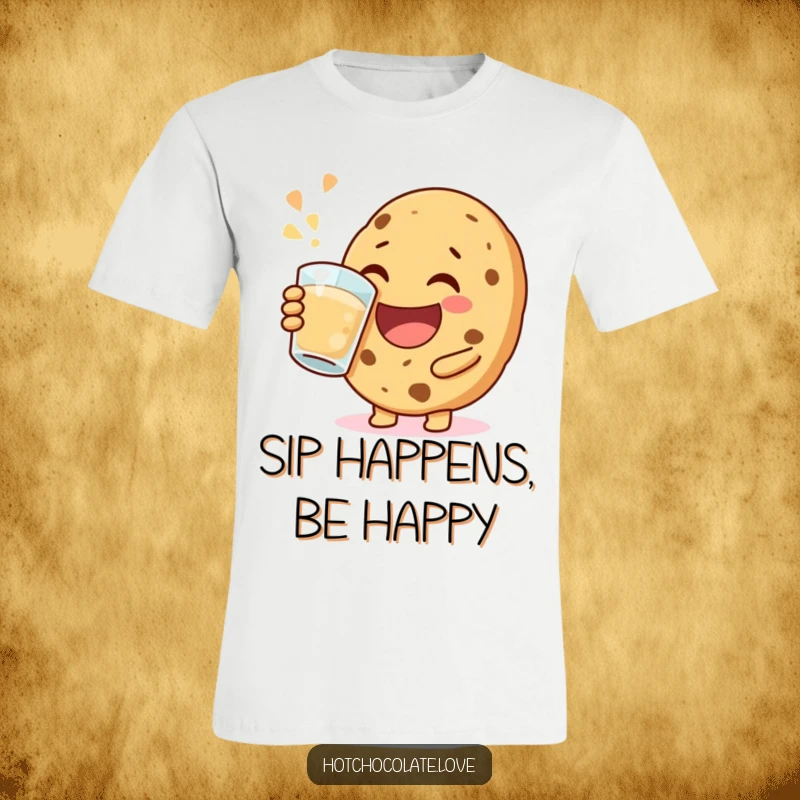 Funny happy cookie t-shirt, captured mid-jovial sip, symbolizing pure happiness and cheerful enjoyment, great for casual wear.