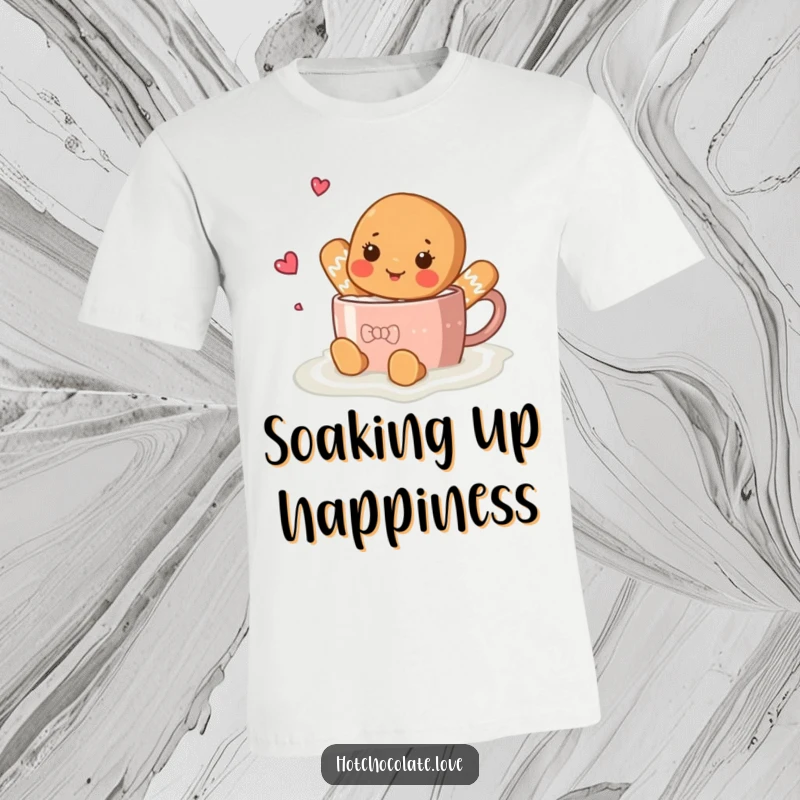 Funny gingerbread character doing a playful swim in a steaming mug of hot chocolate, printed on a t-shirt.