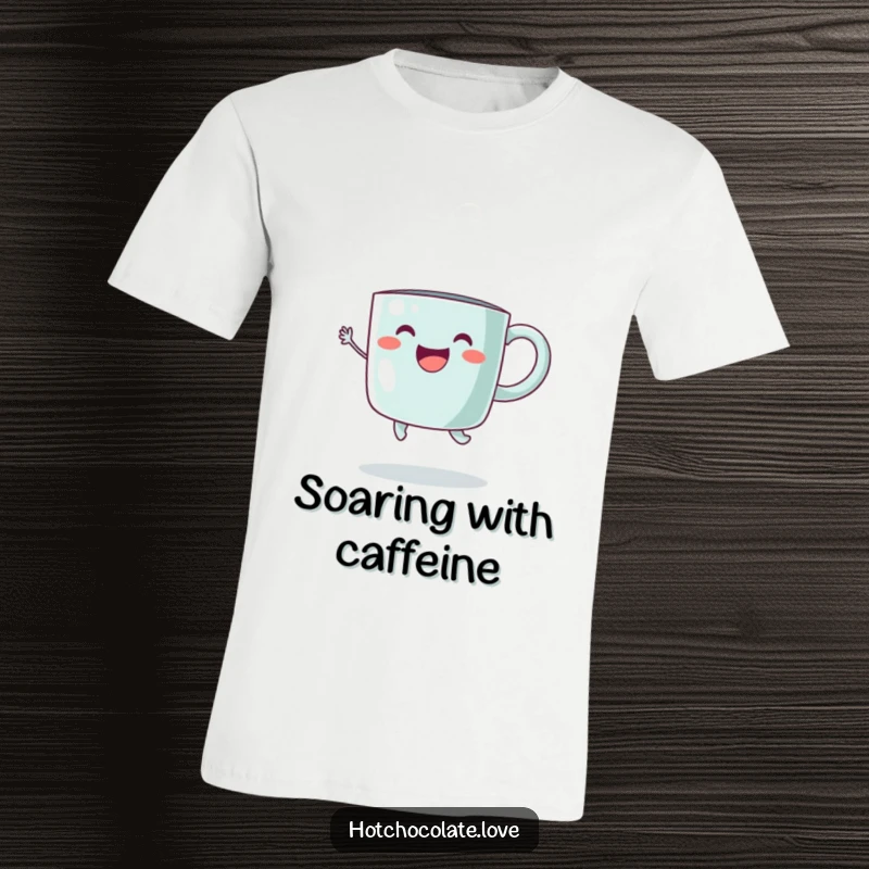 Funny T-Shirt featuring a happy steaming mug mid-joyful jump, embodying enthusiasm and a love for hot beverages.