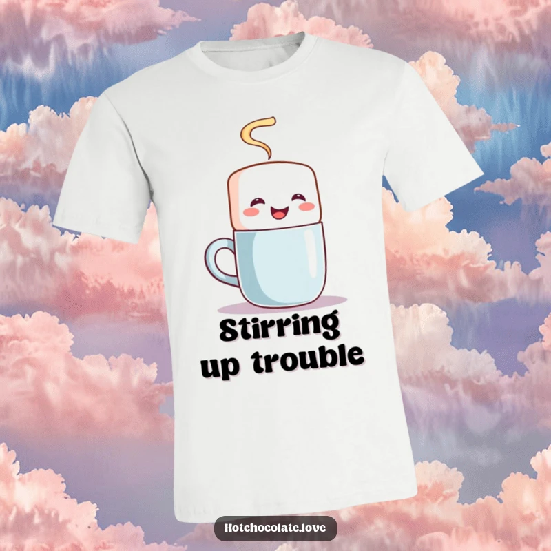 Funny t-shirt with a joyful marshmallow character enthusiastically stirring a steaming mug, embodying coziness and warmth.