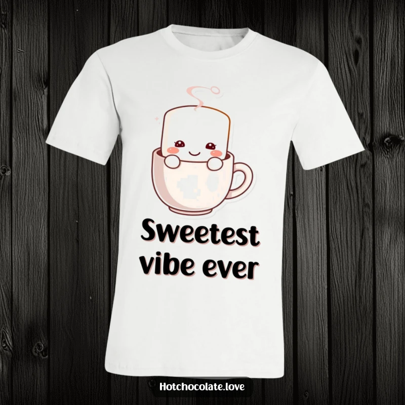 Funny Marshmallow T-Shirt: A cheerful marshmallow character smiling contentedly from a steaming mug, representing comfort and joy.