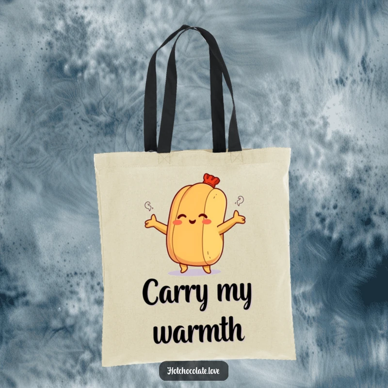 Funny tote bag with a smiling hot dog bun offering a steamy hug, perfect for carrying comfort and smiles.