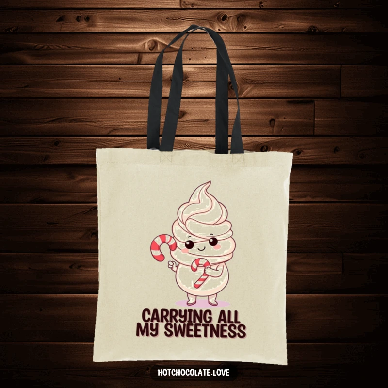 Funny whipped cream character proudly holding a small candy cane, depicted on a durable tote bag, ready for shopping adventures.