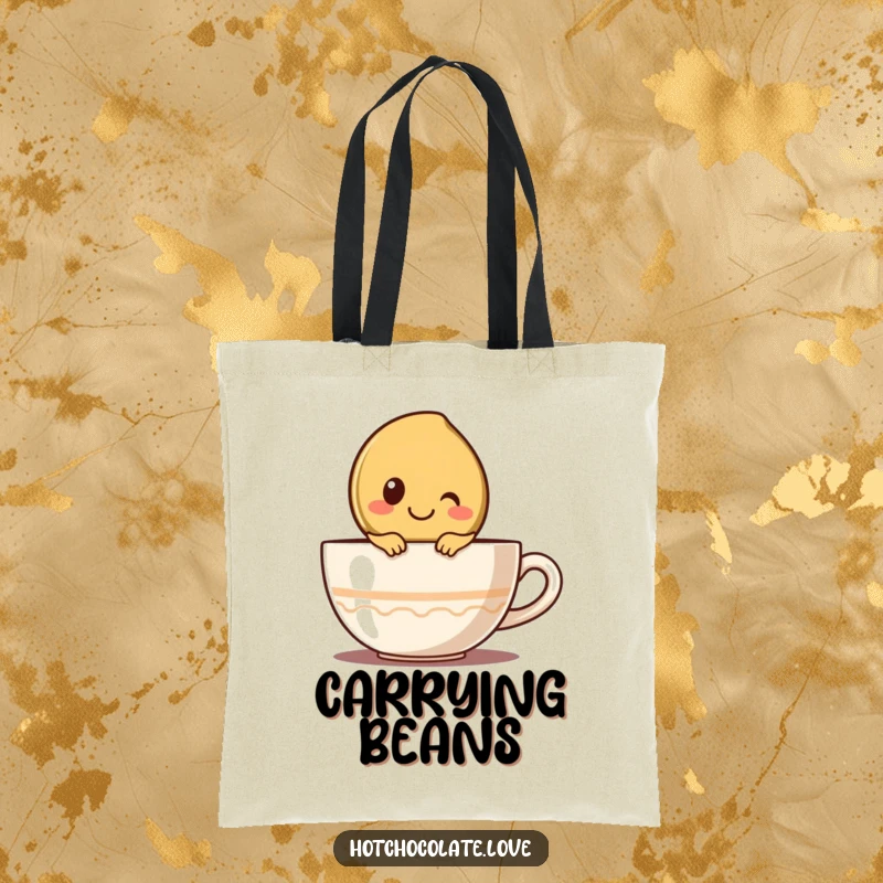 Funny tote bag with a happy coffee bean character peeking over a cup, perfect for carrying coffee essentials and more.