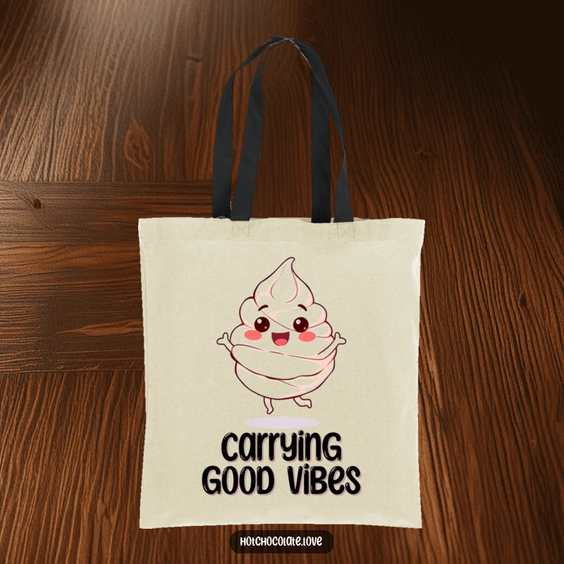 Funny Tote Bag featuring a happy, anthropomorphic whipped cream dollop performing a playful bounce, perfect for carrying essentials.
