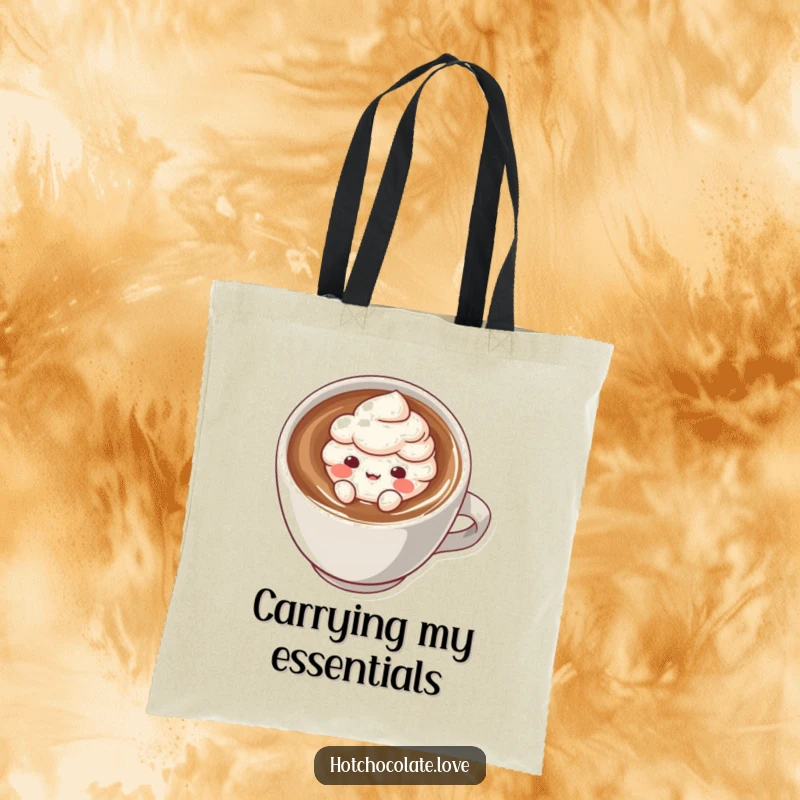 Funny tote bag featuring a cheerful cocoa powder puff character floating in a hot drink, perfect for shopping and errands.