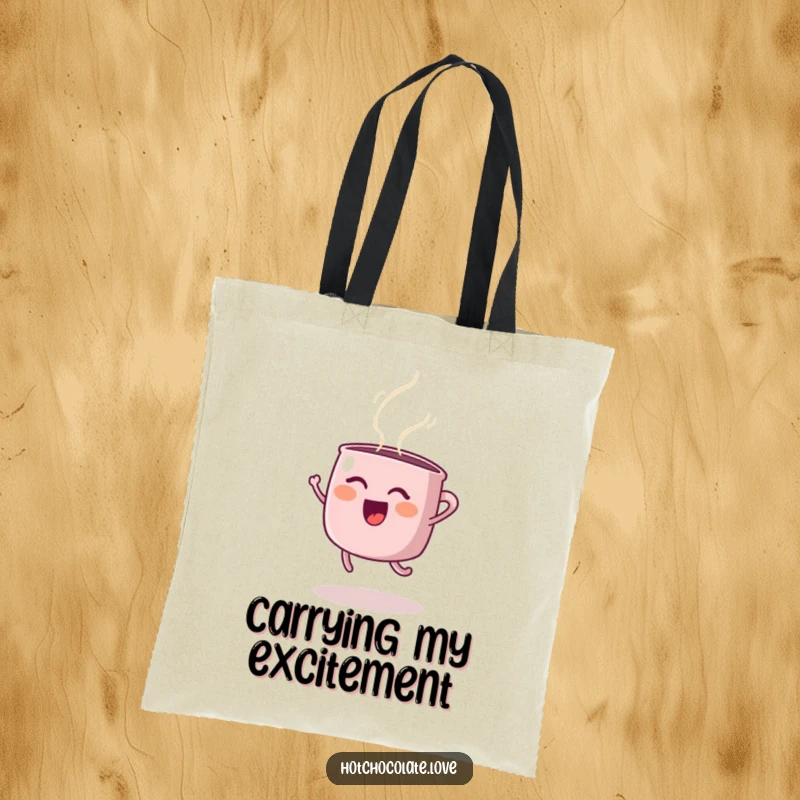 Funny tote bag featuring a happy steaming mug captured mid-joyful jump, perfect for carrying essentials with a smile, funny gift.