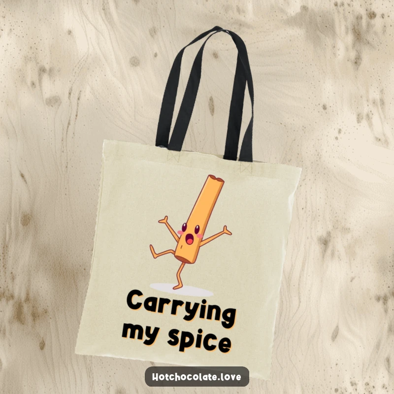 Funny cinnamon stick person captured mid-cartwheel with a surprised expression, printed on a stylish tote bag.