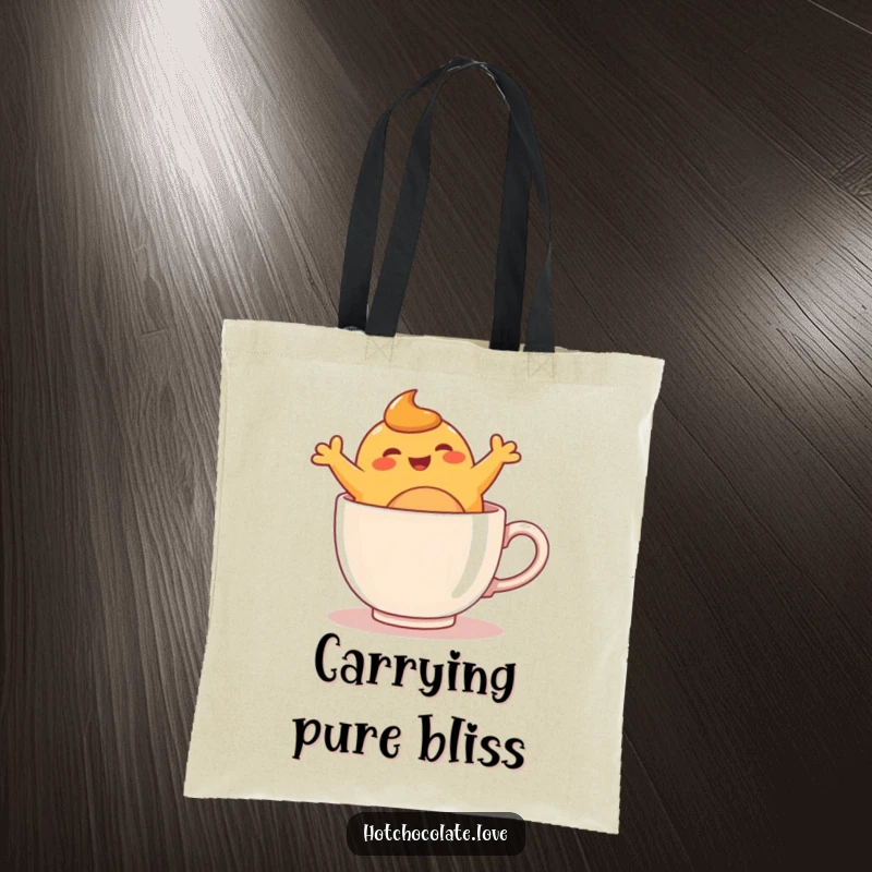 Funny caramel blob happily leaping into a warm mug, illustrated on a sturdy and humorous tote bag.