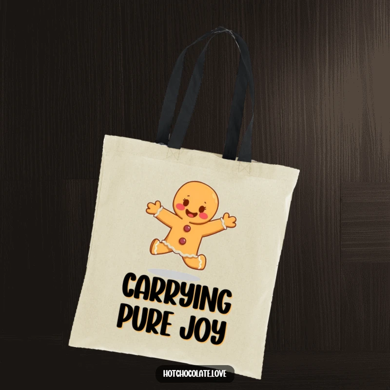 Funny delighted gingerbread person skipping joyfully, a durable and humorous tote bag for cheerful carry.
