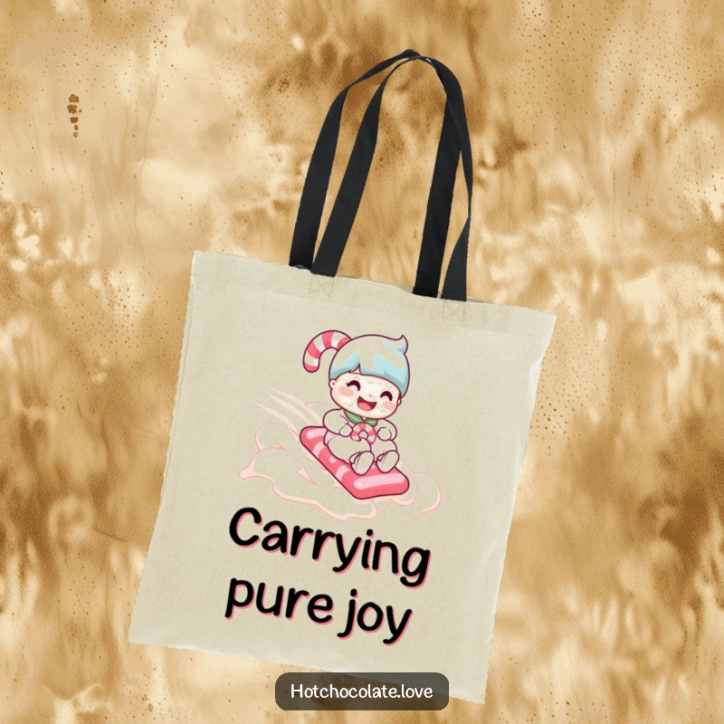 Funny candy cane person gleefully sliding down a smooth whipped cream slope, printed on a durable tote bag.